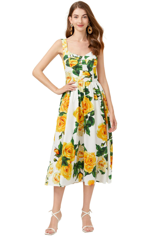Women's Casual Sleeveless Floral Print Built-in Bra Midi Sun Dress