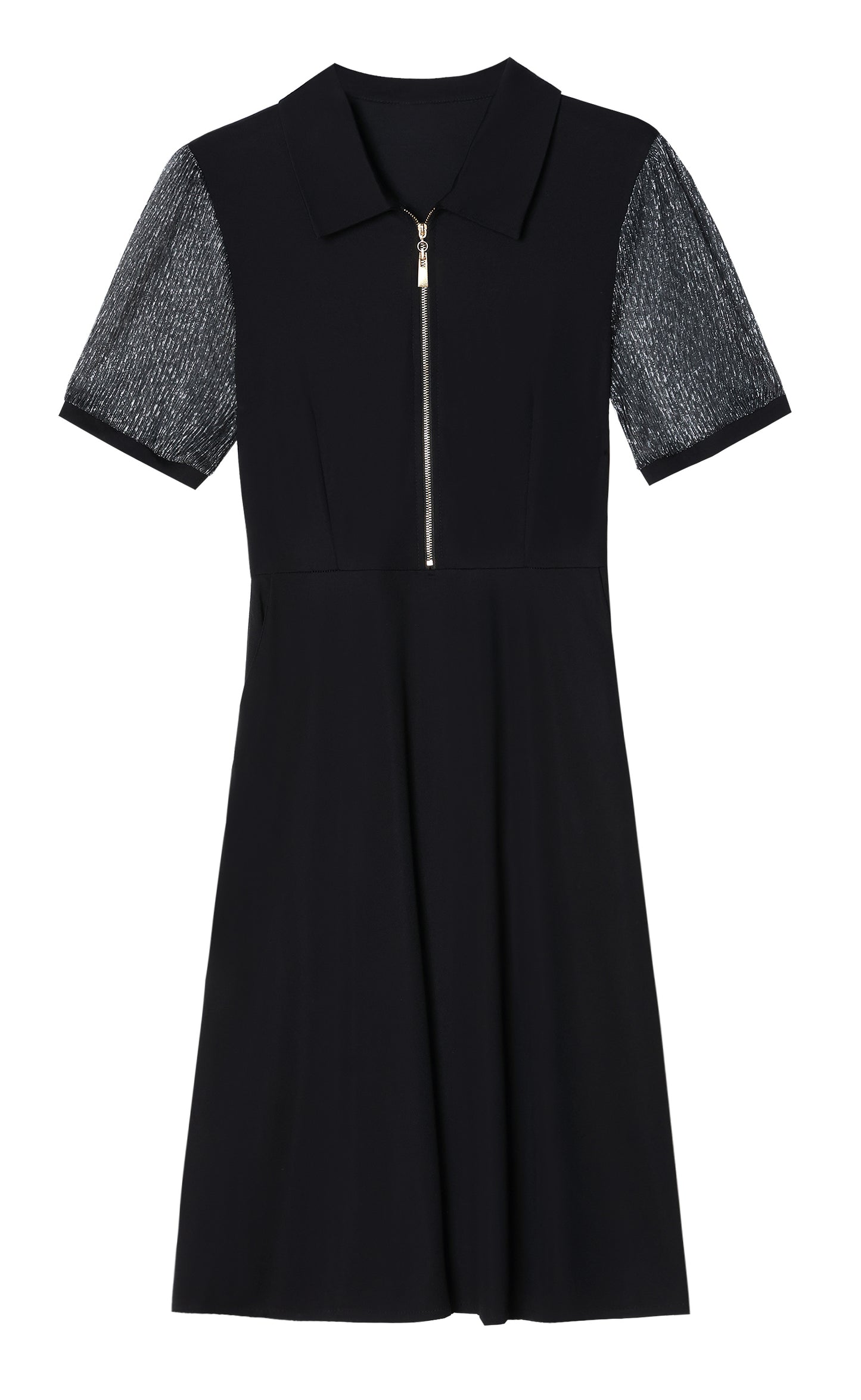 Elegant Black Mesh Sleeve Midi Dress