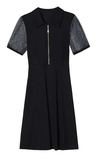 Elegant Black Mesh Sleeve Midi Dress
