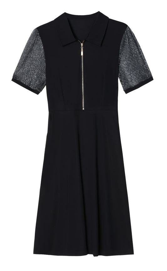 Elegant Black Mesh Sleeve Midi Dress