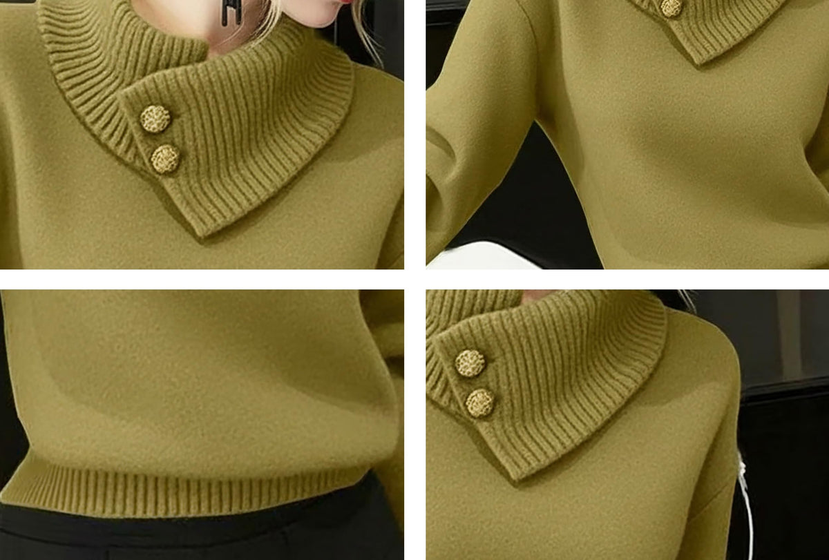 Women's Fine-Knit Funnel Neck Top — Asymmetric Fold Collar with Button Detail