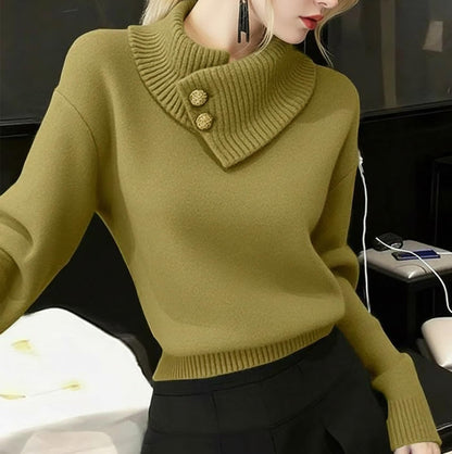 Women's Fine-Knit Funnel Neck Top — Asymmetric Fold Collar with Button Detail