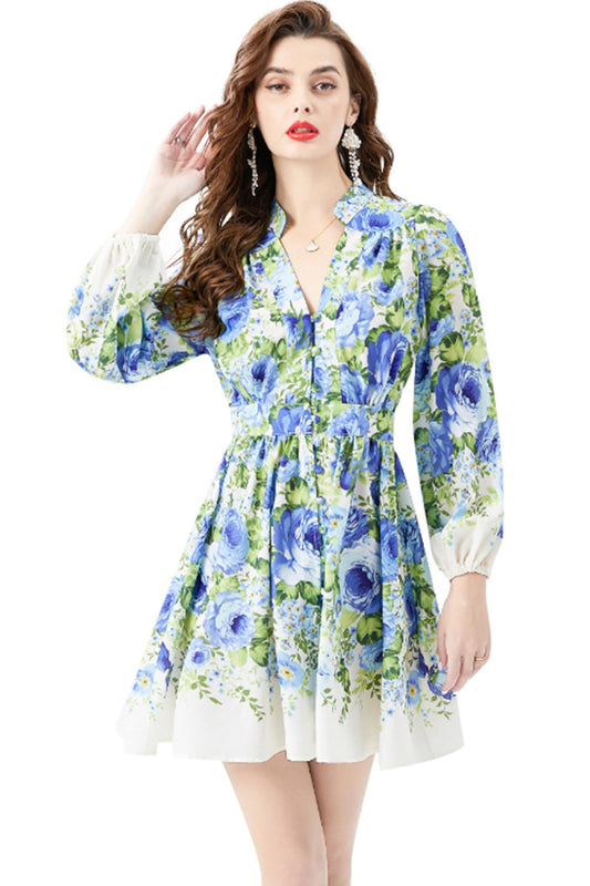 Women's V-Neck Floral Print Lantern Sleeve Button up Casual Mini Dress