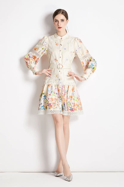 BK-Floral Print Button up Mini Dress with Belt