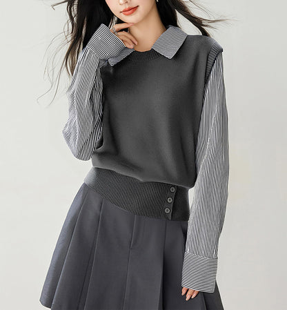 Women's Collared Stirpe Long Sleeve Pullover Sweater