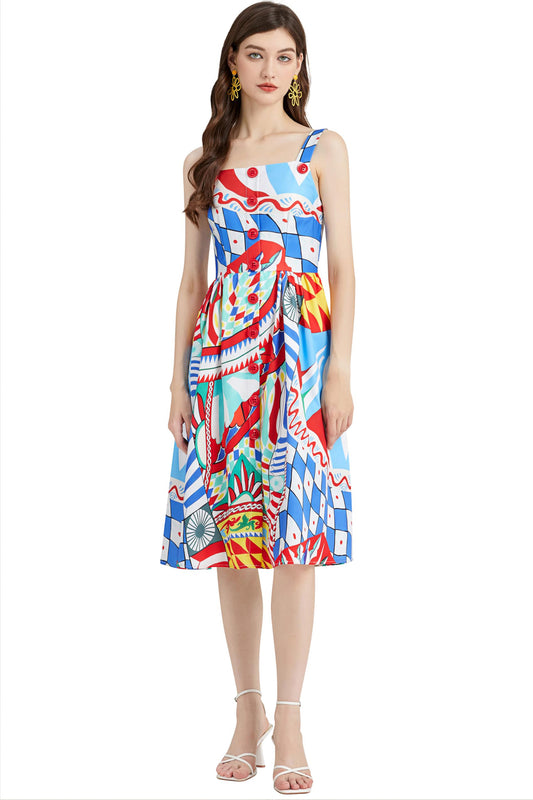 Women's 2024 Summer Sleeveless Boho Floral Print Flowing Midi Sun Dress