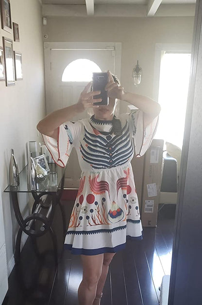 SSY-Women's Bell Short Sleeve Floral Print Mini Dress - LAI MENG FIVE CATS
