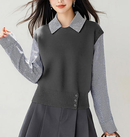 Women's Collared Stirpe Long Sleeve Pullover Sweater
