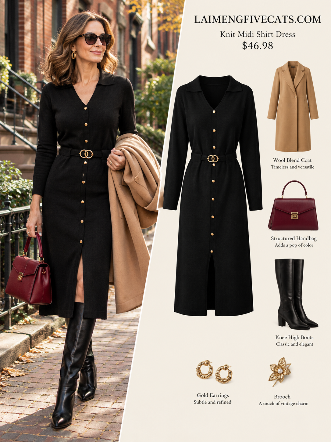 27639-Elegant Lapel V-Neck Knit Midi Dress: Button Decoration & Belted Waist
