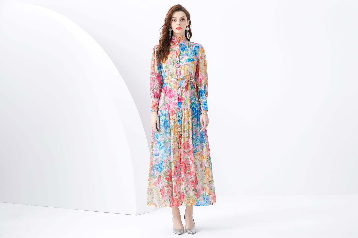 Women Button Up Floral Print Split Maxi Wrap Dress