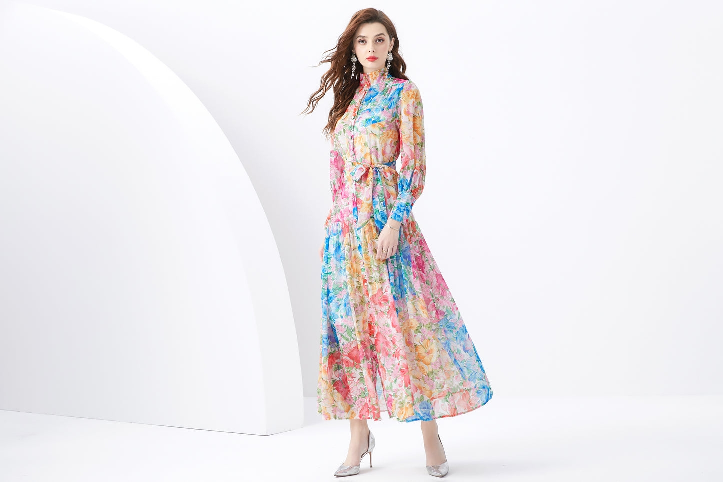 Women Button Up Floral Print Split Maxi Wrap Dress