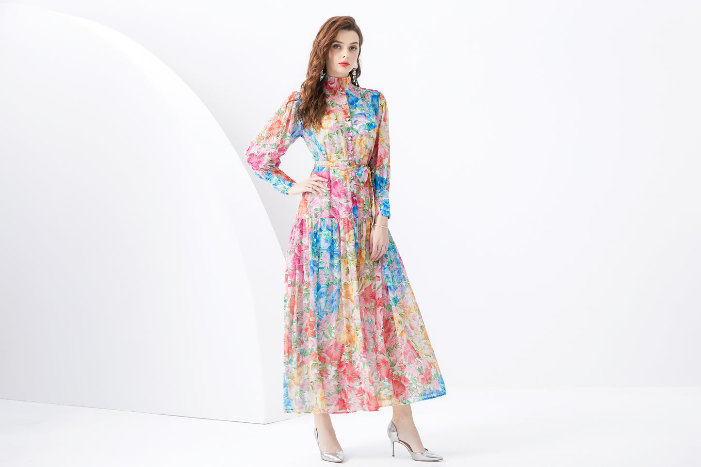 Women Button Up Floral Print Split Maxi Wrap Dress