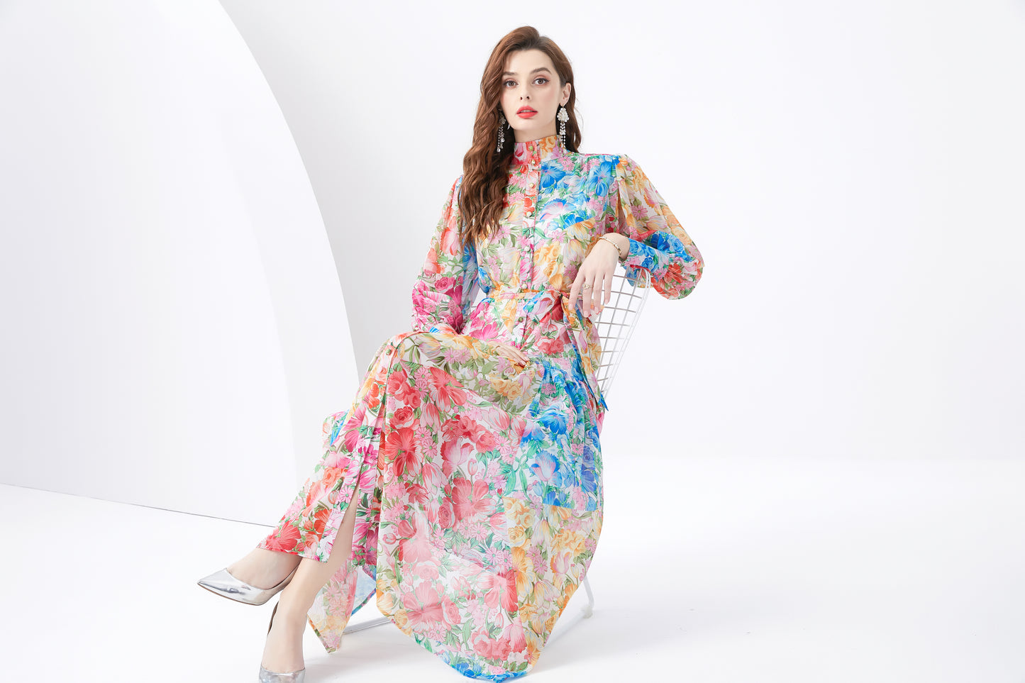 Women Button Up Floral Print Split Maxi Wrap Dress