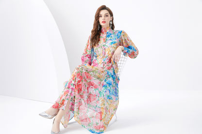 Women Button Up Floral Print Split Maxi Wrap Dress