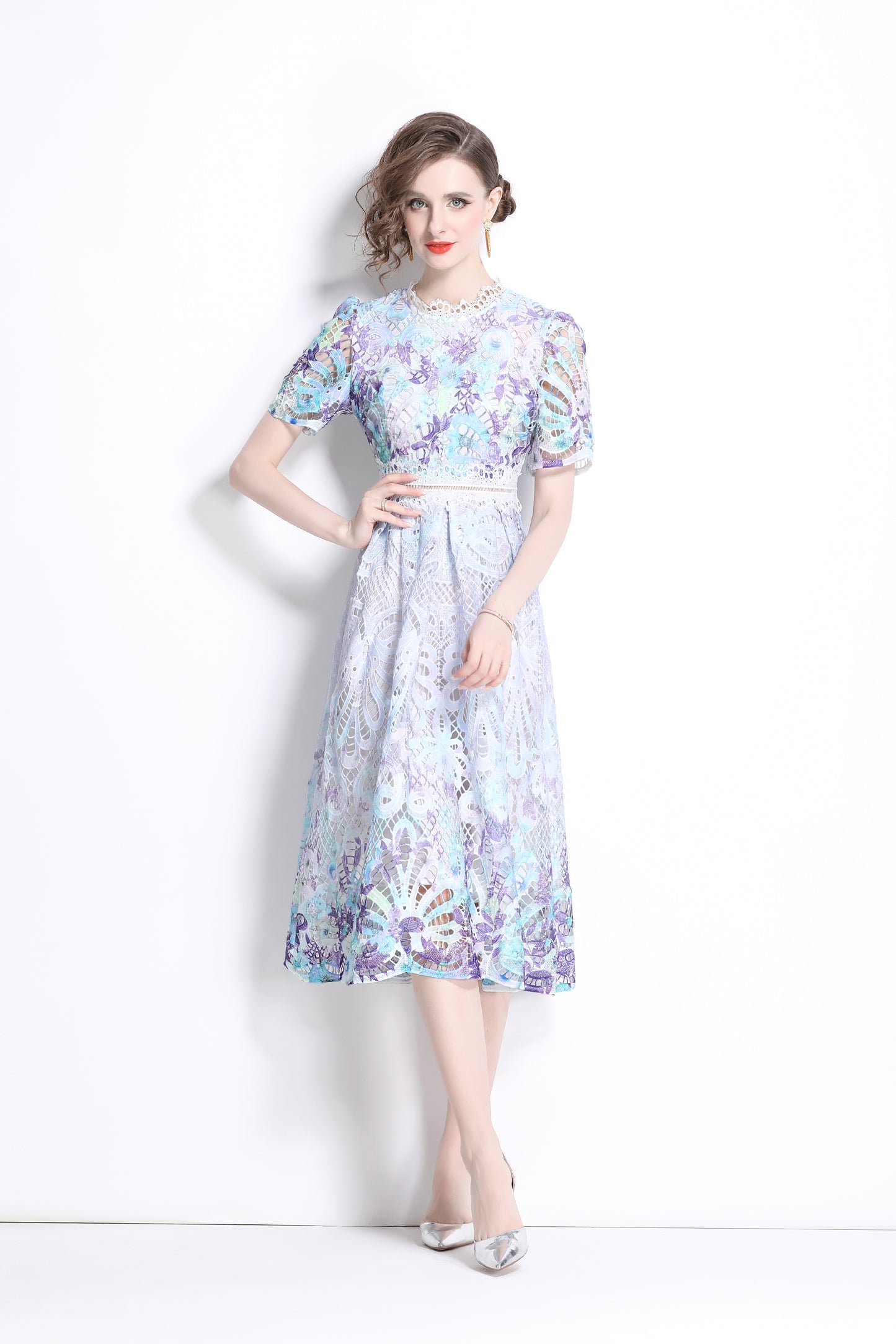 Women's Lace Floral Crochet Waist Midi Dress