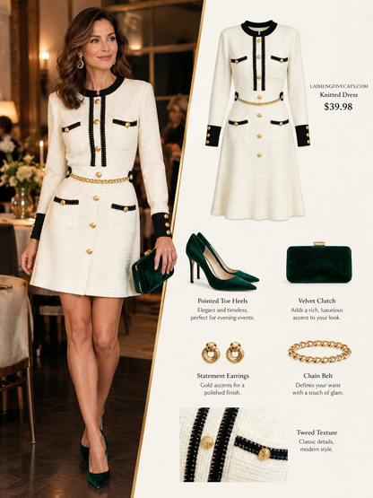 28701 Gold-Button Knit Mini Dress – Black & Ivory