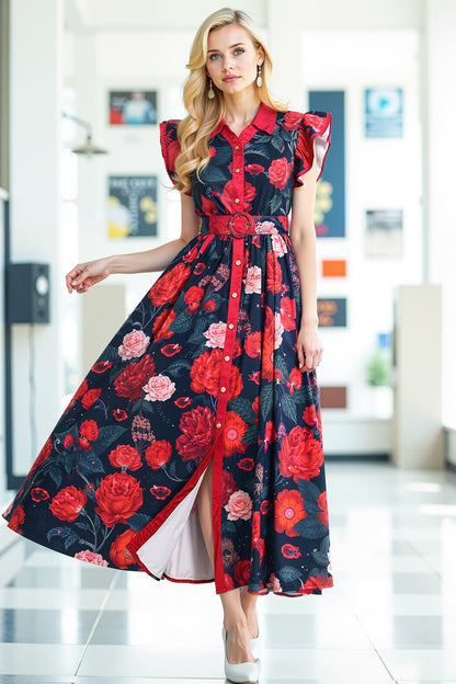 BK-Floral V Neck Sleeveless Ruffles Maxi Dresses