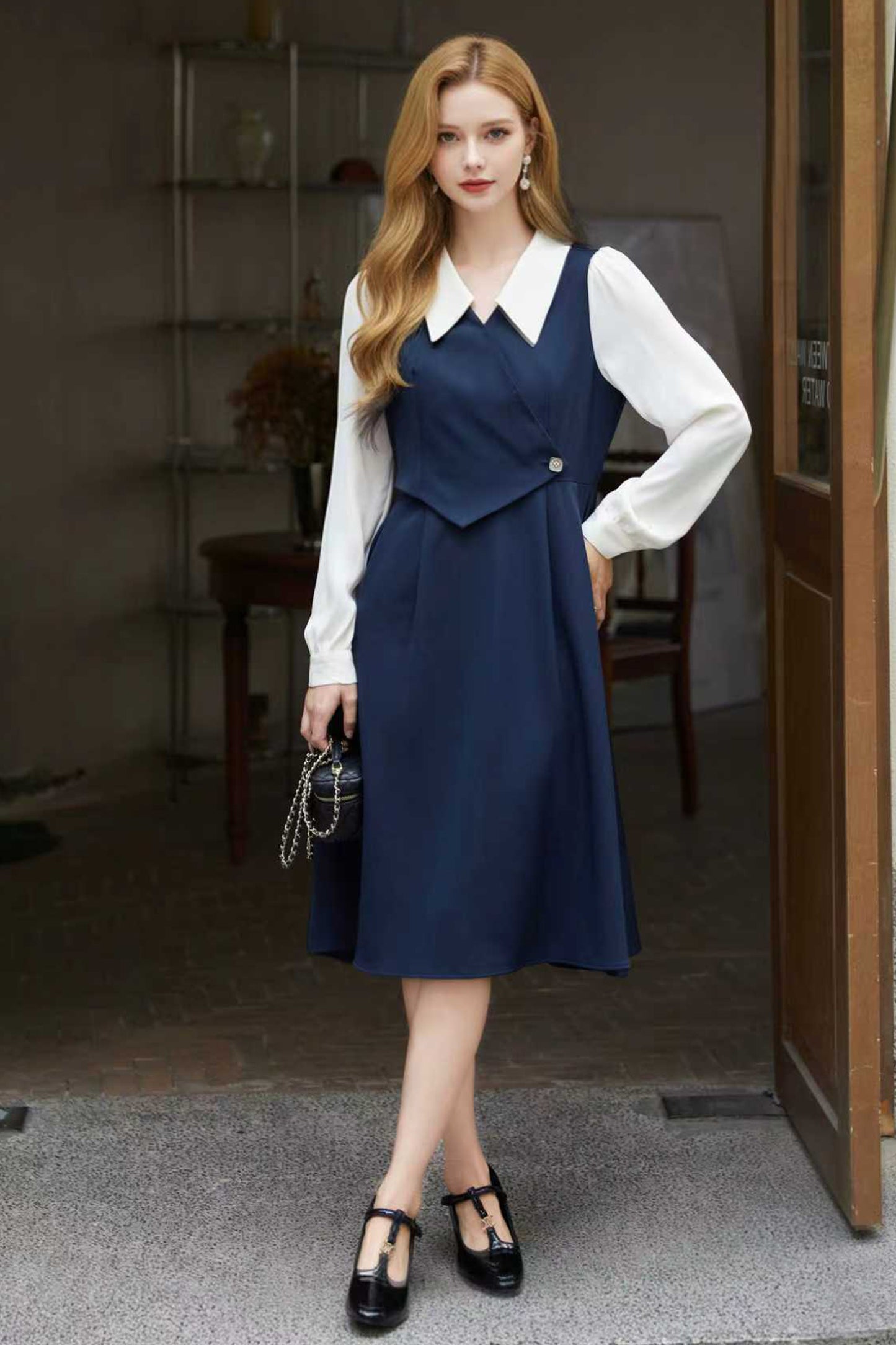 Women's  Lapel V-Neck Preppy Dress Midi Dresses