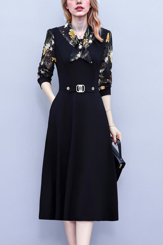 Women's V-Neck Long Sleeve Patchwork Black Dress