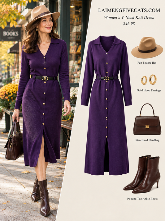 27639-Elegant Lapel V-Neck Knit Midi Dress: Button Decoration & Belted Waist