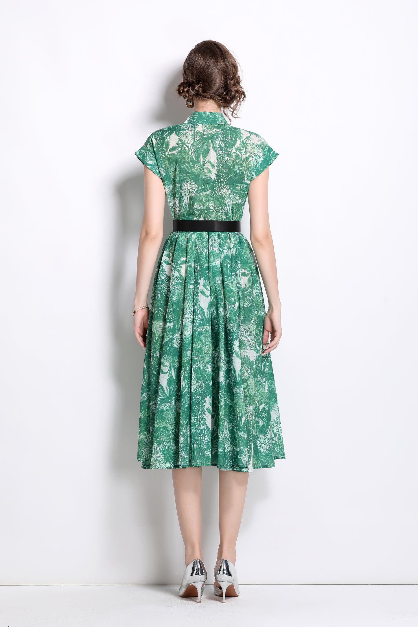 Women's Short Sleeves Collar Printed Buttons Midi Dress