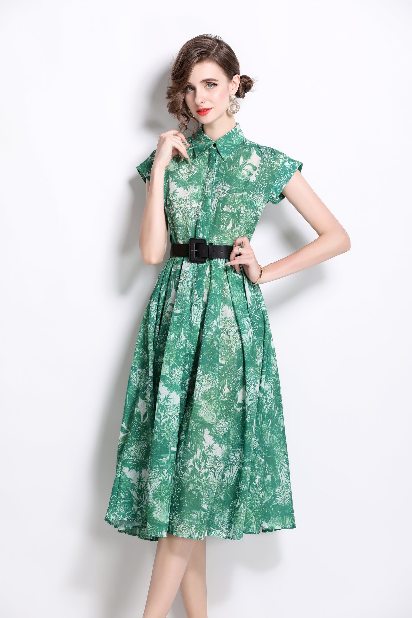 Women's Short Sleeves Collar Printed Buttons Midi Dress