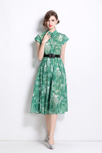 Women's Short Sleeves Collar Printed Buttons Midi Dress