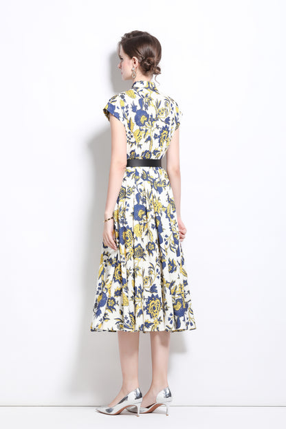 Women's Short Sleeves Collar Printed Buttons Midi Dress
