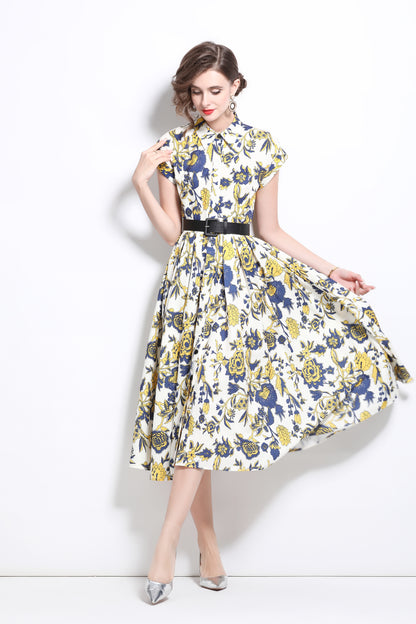 Women's Short Sleeves Collar Printed Buttons Midi Dress