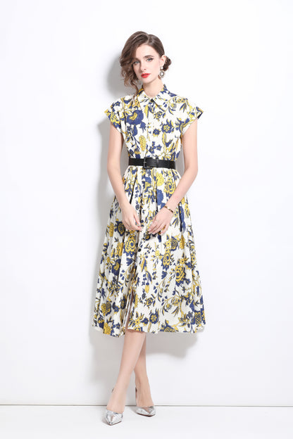 Women's Short Sleeves Collar Printed Buttons Midi Dress