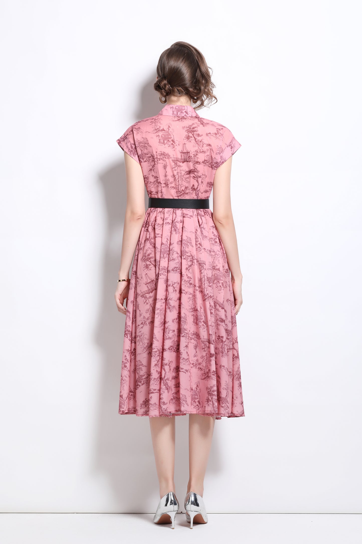 Women's Short Sleeves Collar Printed Buttons Midi Dress
