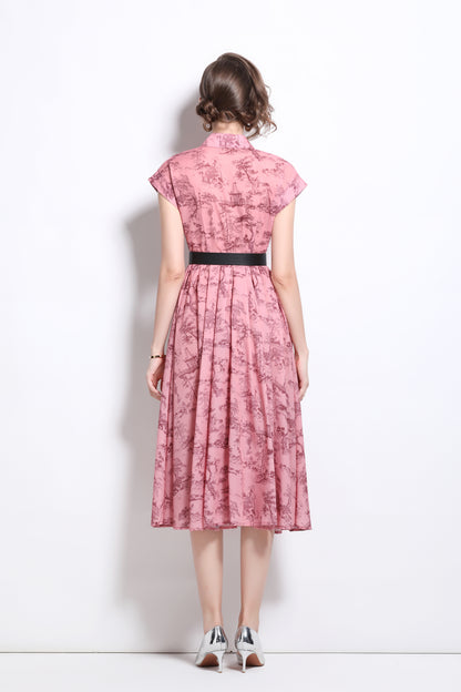 Women's Short Sleeves Collar Printed Buttons Midi Dress