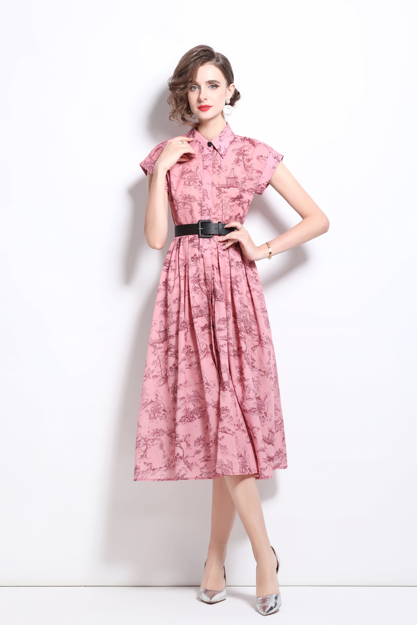 Women's Short Sleeves Collar Printed Buttons Midi Dress