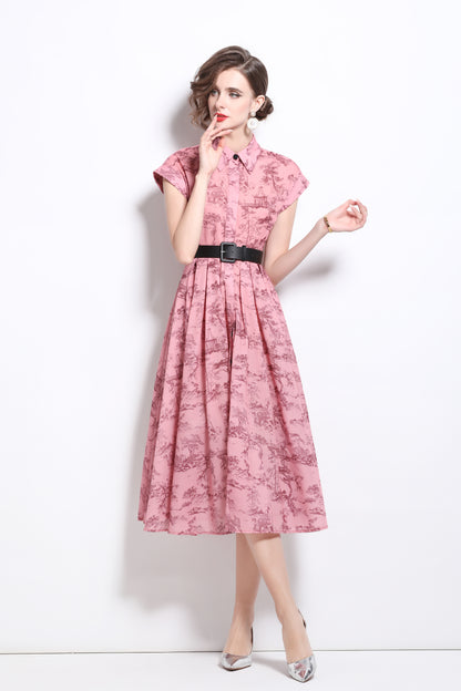 Women's Short Sleeves Collar Printed Buttons Midi Dress