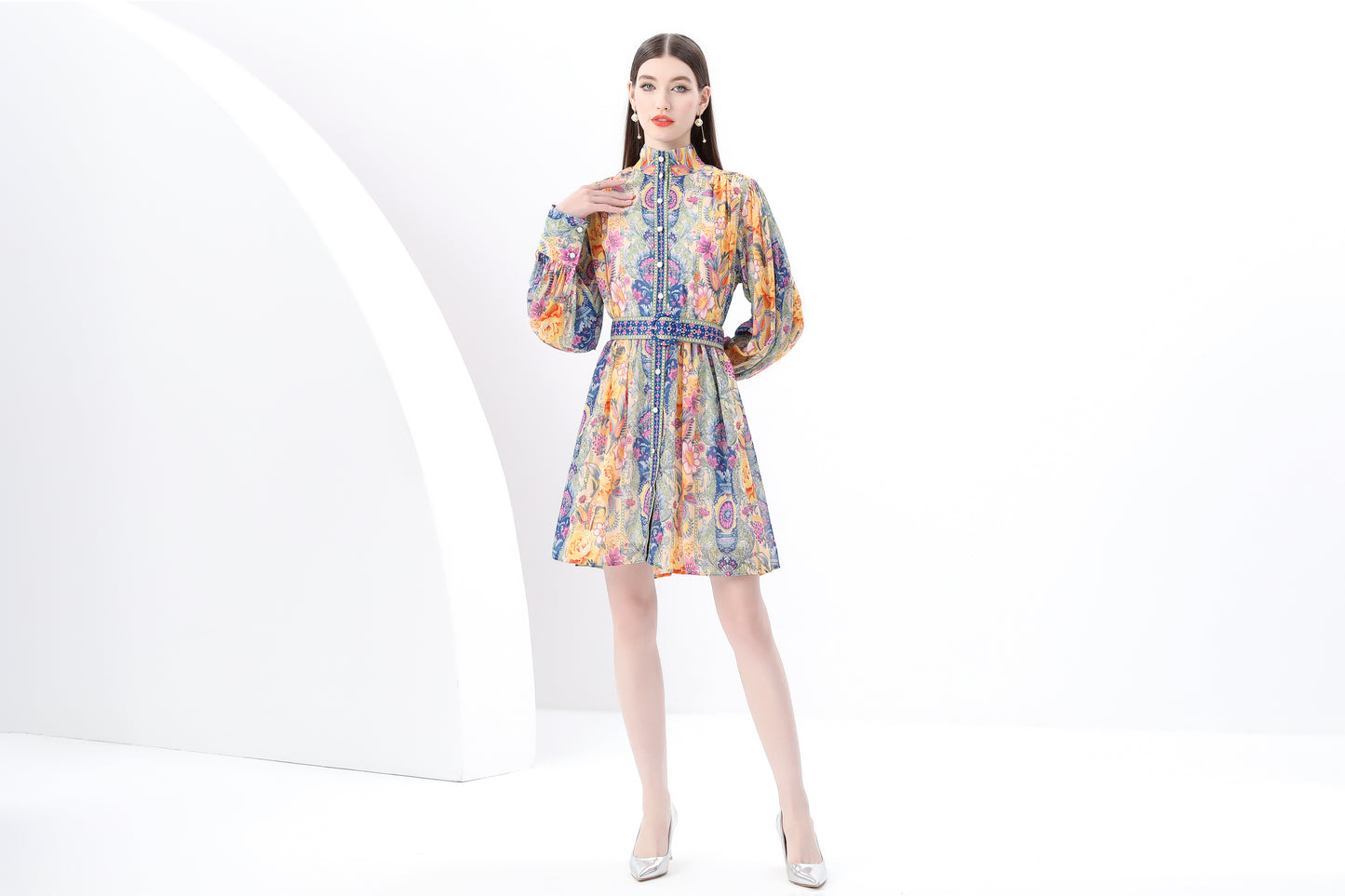 Women's Floral Print Lantern Sleeve Mini Dress