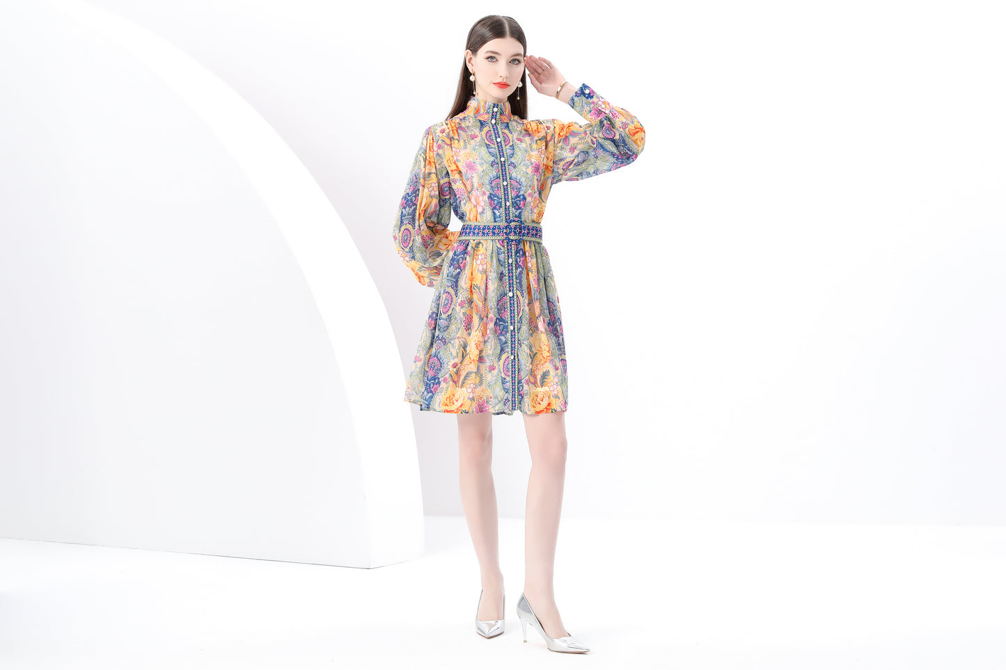 Women's Floral Print Lantern Sleeve Mini Dress