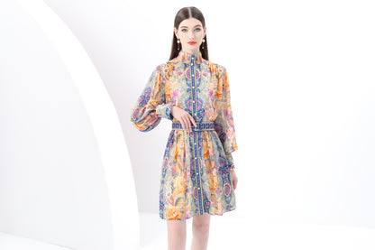 Women's Floral Print Lantern Sleeve Mini Dress