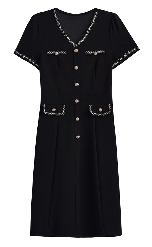 Elegant Black Midi Dress with Gold Details