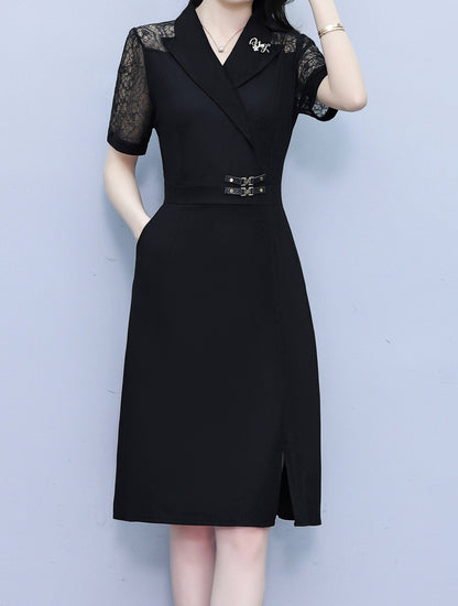 Black A-Line Midi Dress with Lace Sleeve Detail - LAI MENG FIVE CATS