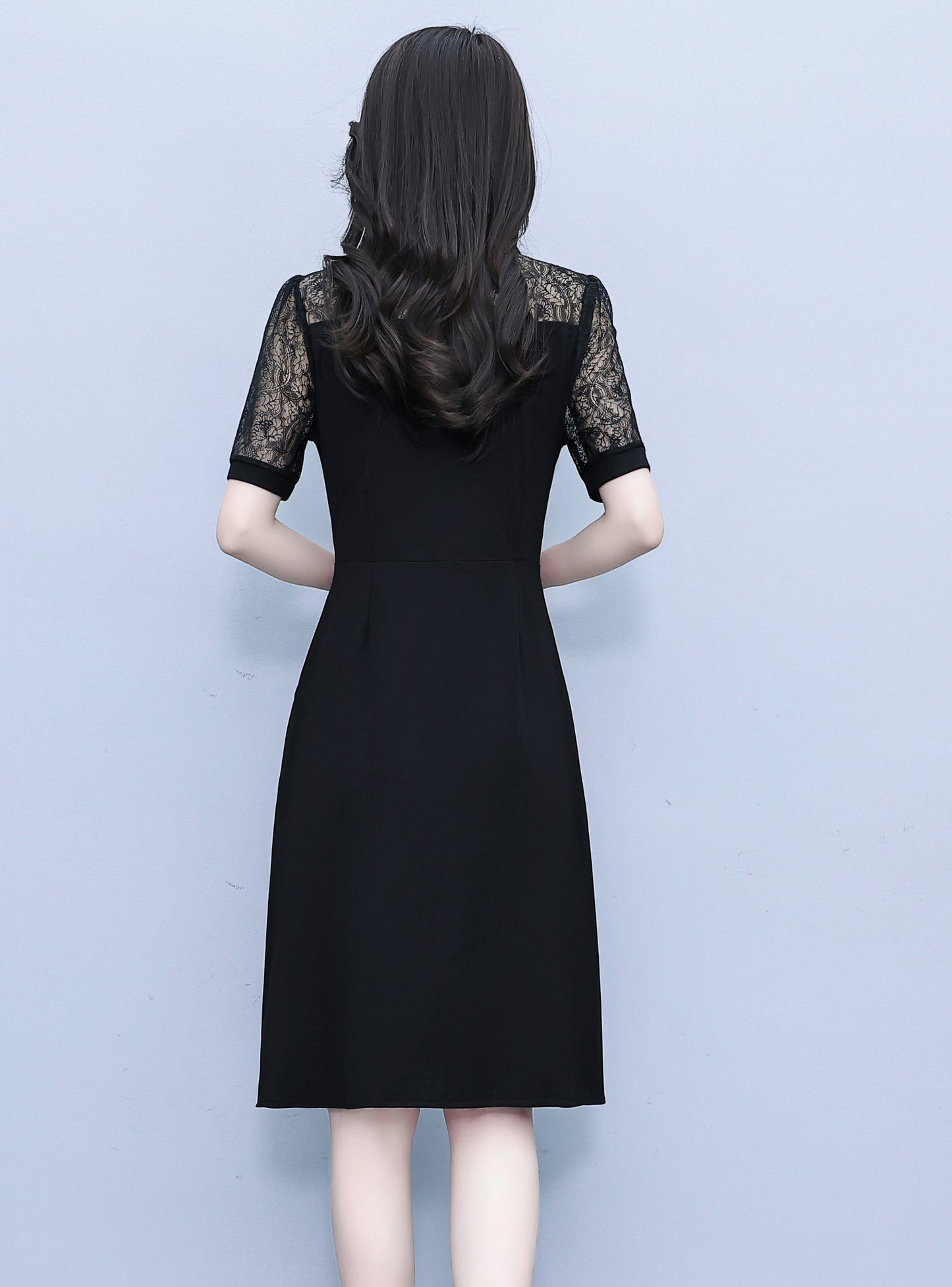 Black A-Line Midi Dress with Lace Sleeve Detail - LAI MENG FIVE CATS