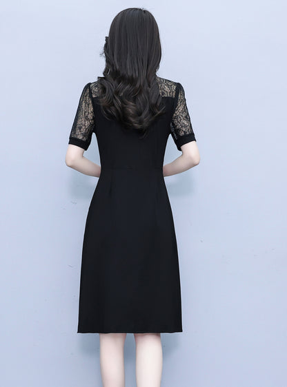 Black A-Line Midi Dress with Lace Sleeve Detail - LAI MENG FIVE CATS