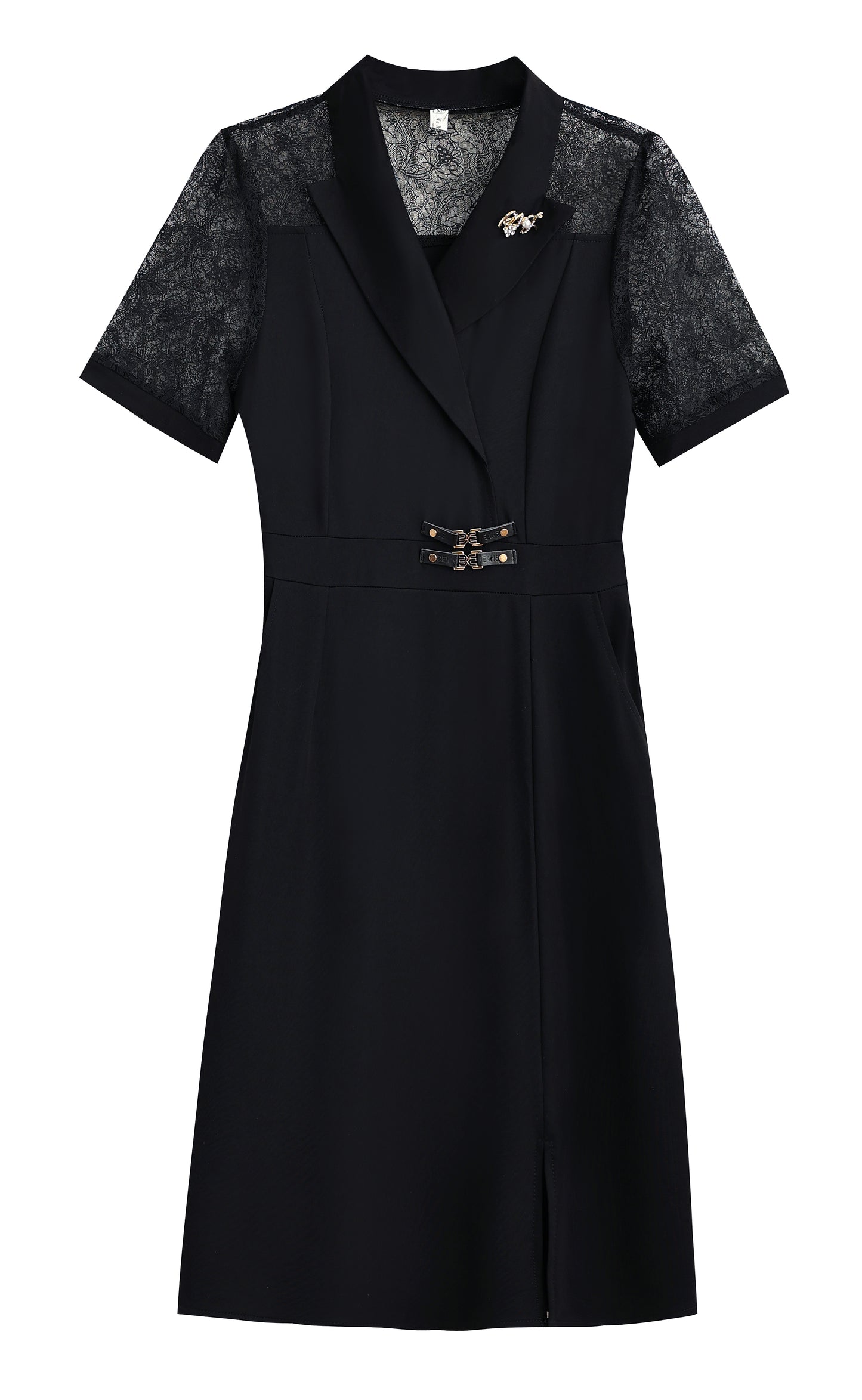 Black A-Line Midi Dress with Lace Sleeve Detail