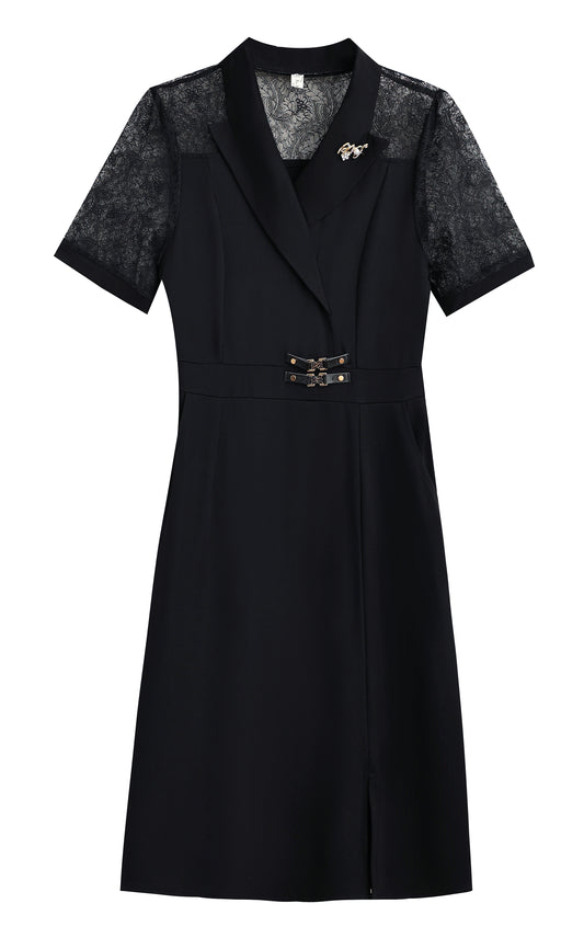 Black A-Line Midi Dress with Lace Sleeve Detail