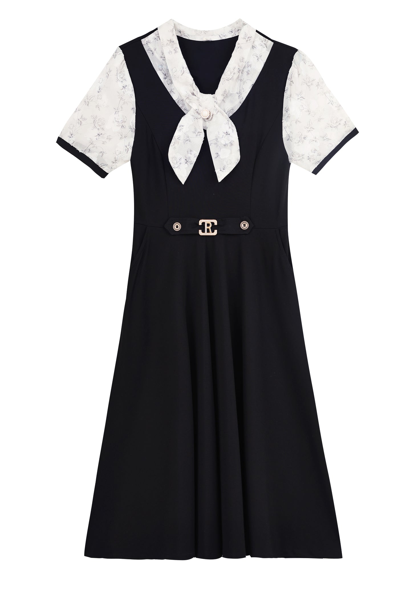 Elegant Floral Tie Neck Midi Dress