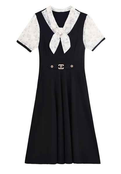 Elegant Floral Tie Neck Midi Dress