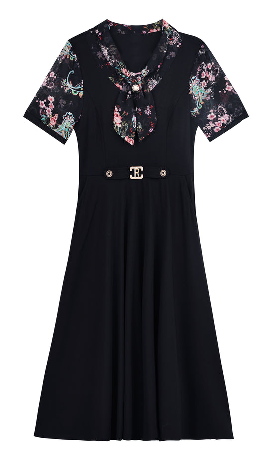 Elegant Floral Sleeve A-Line Midi Dress