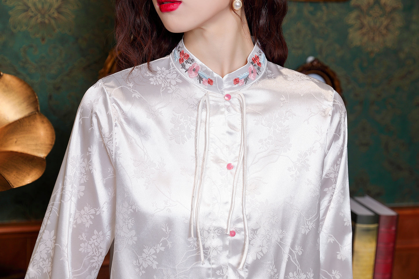 Women's Chinese Style Silk Satin Jacquard  Shirt - LAI MENG FIVE CATS