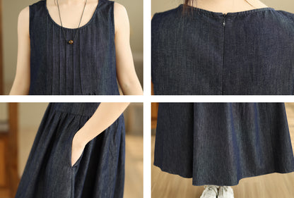 Casual Sleeveless Denim Loose Vest Midi Dress with Pockets