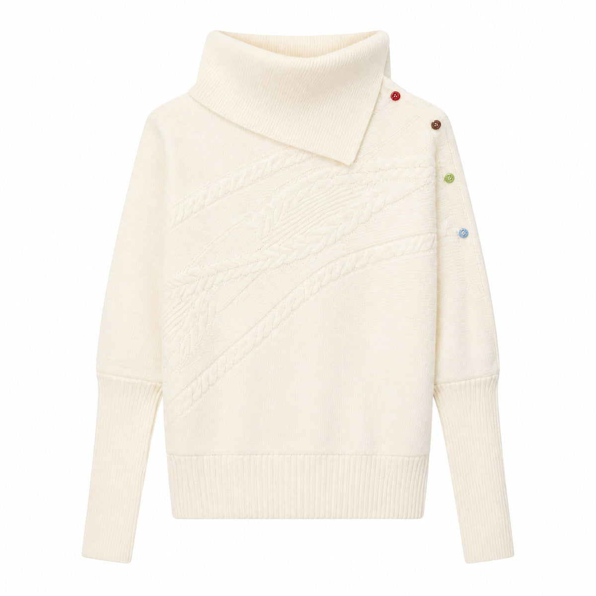 28699 Asymmetric Turtleneck Knit Sweater with Colorful Button Details