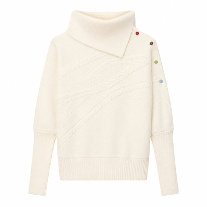 28699 Asymmetric Turtleneck Knit Sweater with Colorful Button Details